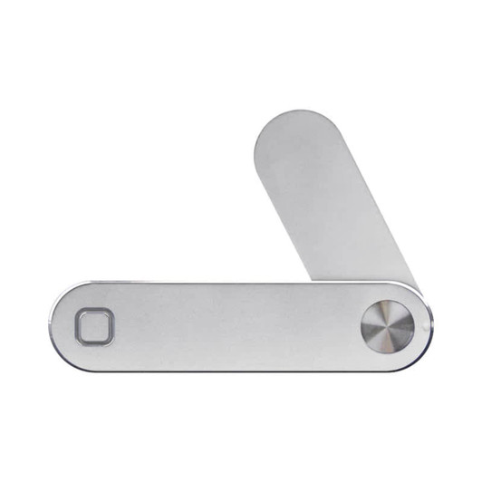 A silver laptop extension arm with a sleek design and a circular pivot. It features a logo on one side.