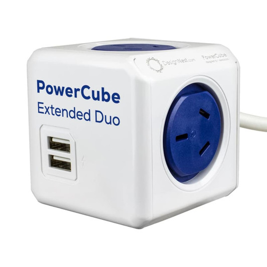 A white power cube with a blue top featuring two USB ports and two Australian power outlets. It has a logo.