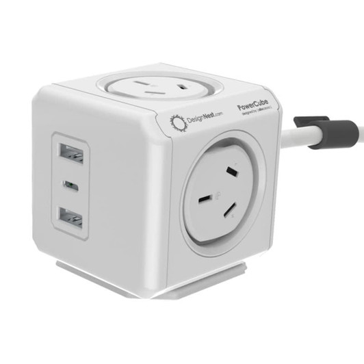 A white power cube with two Australian power sockets and USB ports. It has a logo and a cable attached.