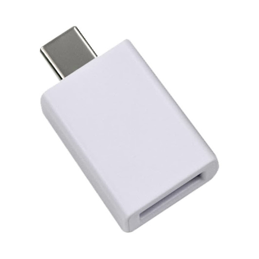 A white USB adapter with a Type-C connector on one end and a Type-A port on the other end.