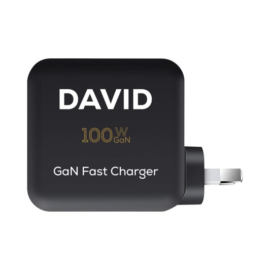A black GaN quick charger with a plug and a branding logo, featuring a compact design for travel use.