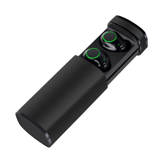 A set of black Royston TWS earbuds housed in a sleek case, featuring green accents and branding.