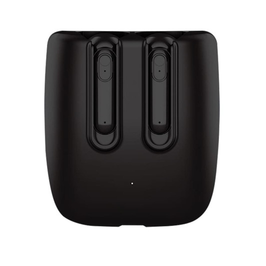 A pair of black TWS earbuds in a charging case featuring a logo on the surface.