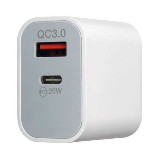 A white wall charger featuring Quick Charge 3.0 and a USB-C port, designed for quick charging devices.
