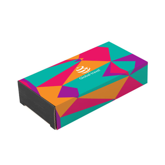 A vibrant, multi-coloured box featuring geometric patterns and a logo, designed for packaging.
