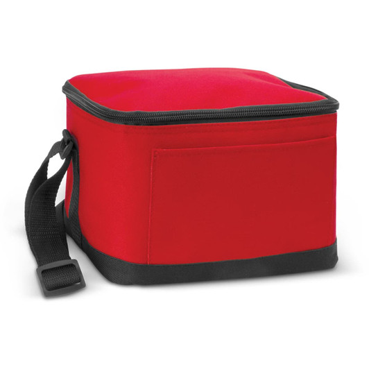 A red cooler bag with a zippered top and a black bottom, featuring a convenient carry strap.