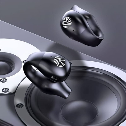 Black TWS earbuds with a logo, displayed above a speaker component, featuring a sleek design and ergonomic shape.