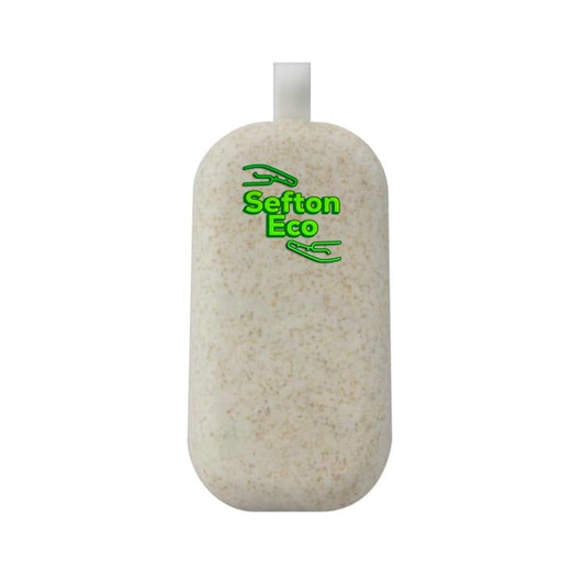 A pair of Sefton Eco TWS Earbuds in a light, speckled case with a logo.