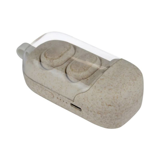 Eco-friendly beige earbuds in a transparent case, featuring a logo.