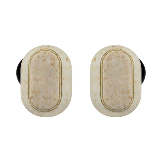 Eco-friendly TWS earbuds in a cream colour with a textured finish and black accents. Features a logo.