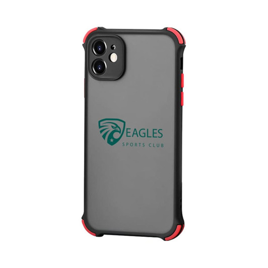 A rugged grey iPhone case with red accents, featuring a logo on the back.