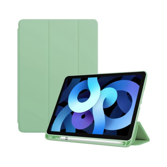 A mint green iPad case with a folding cover and a display of vibrant abstract shapes on the screen.