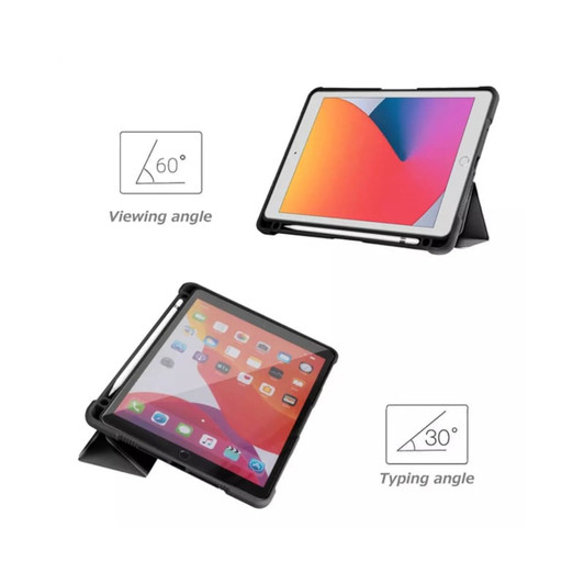 A rugged black iPad case with adjustable viewing and typing angles, featuring a branding logo.