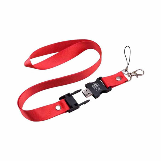 A red lanyard with a USB flash drive attachment and a keyring clip, featuring a small logo.