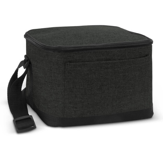 A dark green cooler bag with a zip closure, featuring a shoulder strap and a side pocket.