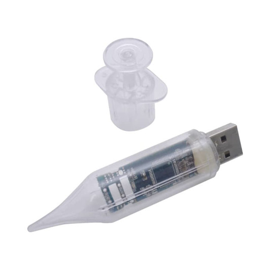 A syringe-shaped flash drive in clear plastic, featuring a USB connector and a removable cap.
