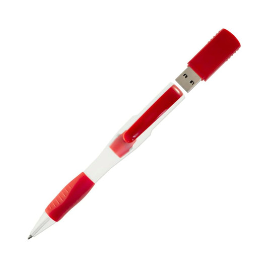 A red and white USB pen with a removable cap, featuring a clip and a logo on the side.