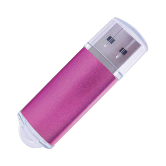A pink USB flash drive with a transparent cap, featuring a metal connection end and a compact design.