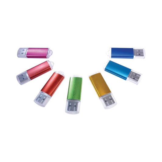 A collection of eight flash drives in pink, red, green, blue, and gold colours, featuring plastic casings and a logo.