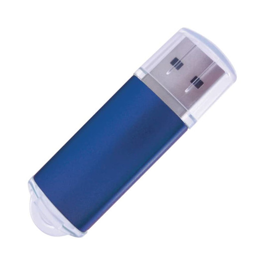 A blue flash drive with a clear cap, featuring USB connectors on both ends and a simple design.