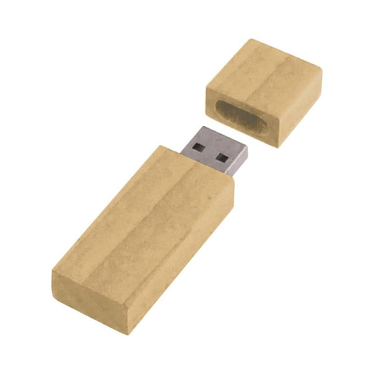A slim bamboo flash drive in a natural wood finish, featuring a removable cap. It has a silver USB connector.