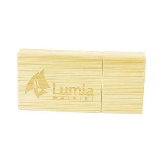 A bamboo USB drive in a natural yellow colour with a logo on the surface, featuring a sleek and rectangular design.