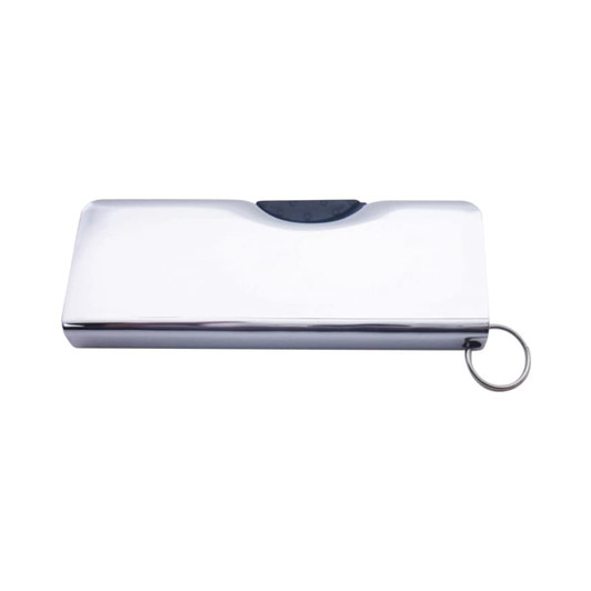 A shiny silver flash drive with a keyring attachment, featuring a smooth, sleek design.