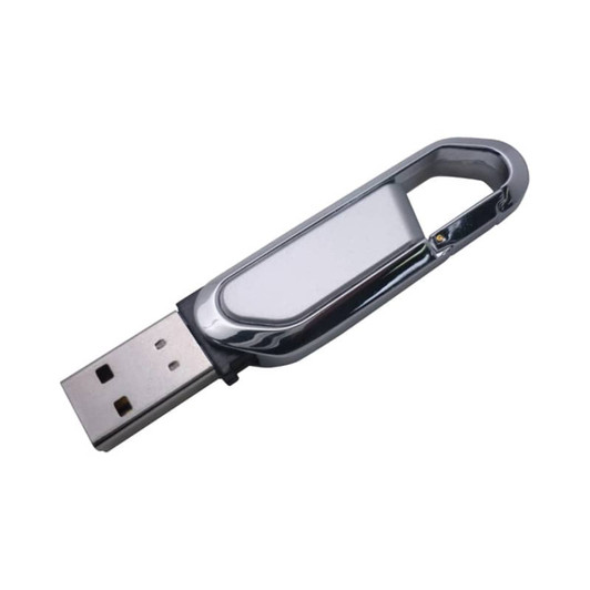 A silver carabiner flash drive featuring a shiny metallic finish and a traditional USB connector.