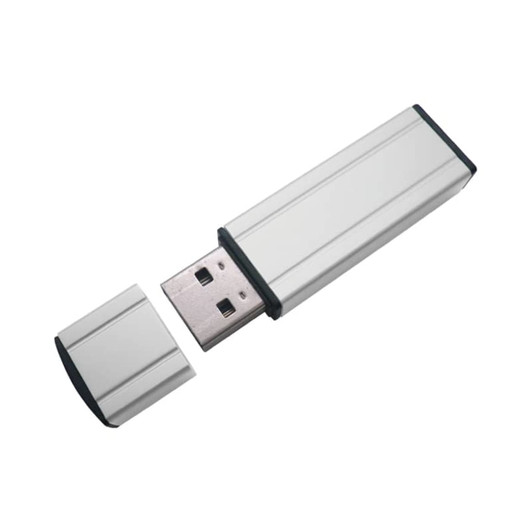 A silver USB flash drive with a removable cap, featuring a sleek design and black accents.