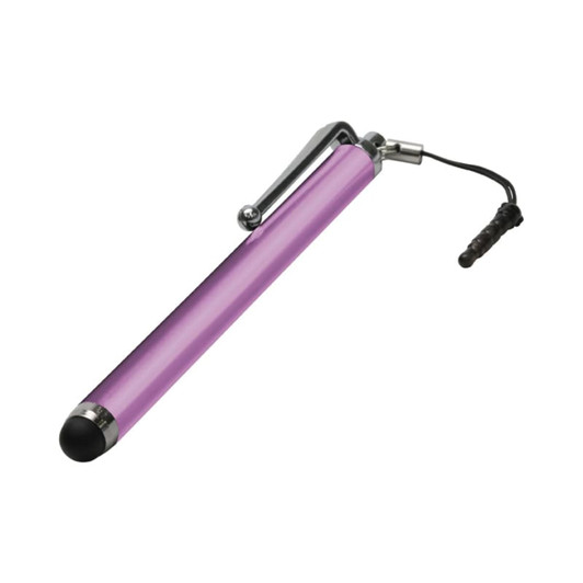 A stylus pen in vibrant pink with a chrome clip and a protective tether.