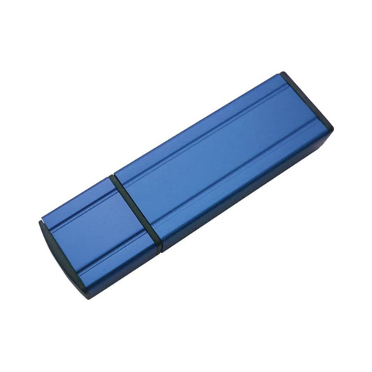 A blue flash drive with a sleek design and a black end cap. The device features a logo on its surface.