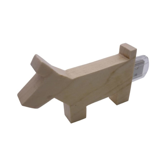 A wooden flash drive shaped like a dog, featuring a clear USB connector. The product has a natural wood finish.