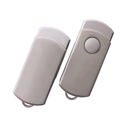 A silver swivel flash drive with a glossy finish, featuring a button and a loop for attachment.