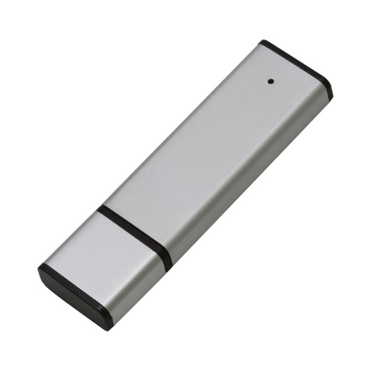 A silver flash drive with black accents and a sleek, minimalist design. It features a logo on its surface.