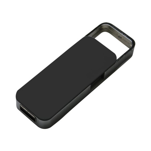 A black flash drive with a sleek design and a metallic frame, featuring a logo on the surface.
