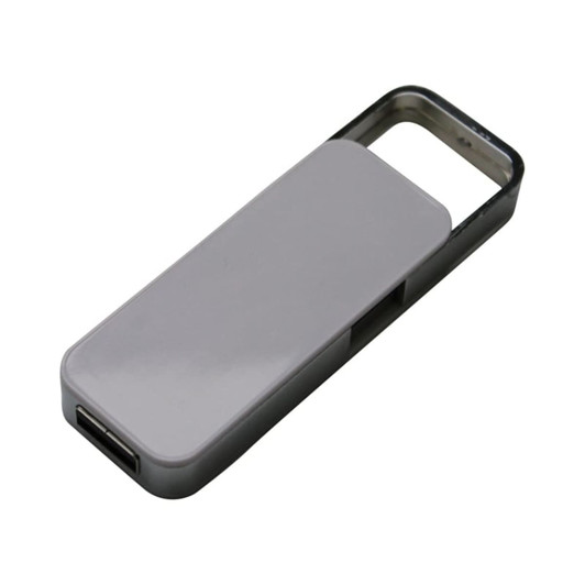 A grey flash drive with a metallic casing and an attached keyring loop.
