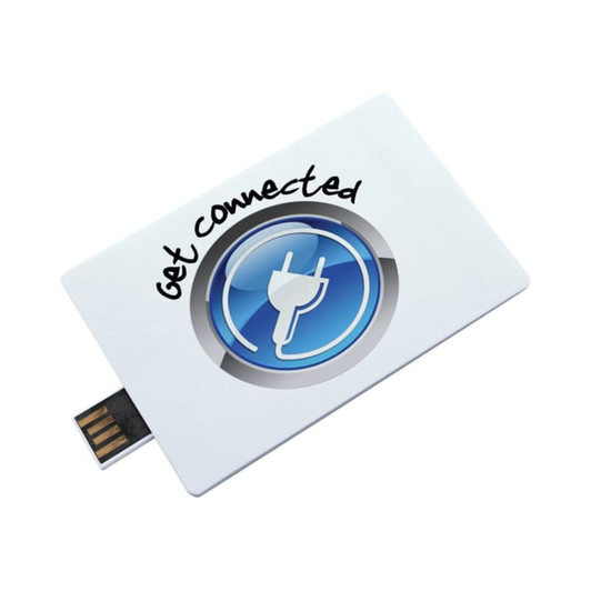 A white puzzle credit card flash drive featuring a blue circular logo and a USB connector.