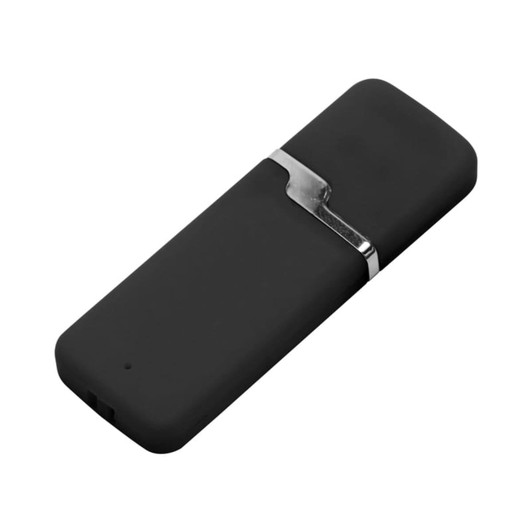 A black USB flash drive with a sleek design and silver detailing. The product features a branding logo.