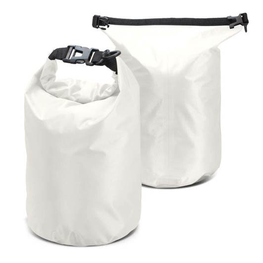 Two Nevis Dry Bags in white, featuring a roll-top closure and a sturdy buckle. One bag is smaller than the other.