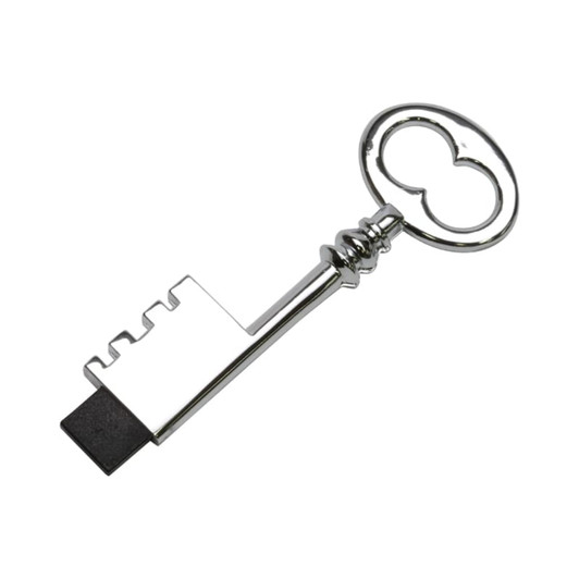 A silver skeleton key shaped flash drive with a glossy finish and a black tip. It features a logo.