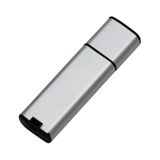 A sleek silver flash drive with a black end cap and a subtle logo on the side.