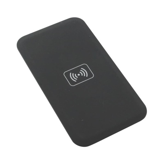 A black wireless charger with a simple design and a logo on the surface, ideal for charging devices.