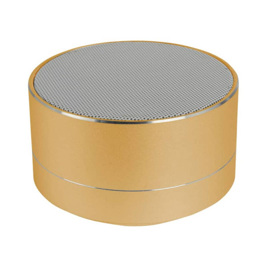 A gold Bluetooth speaker with a grey mesh grille on top, featuring a sleek, cylindrical design.