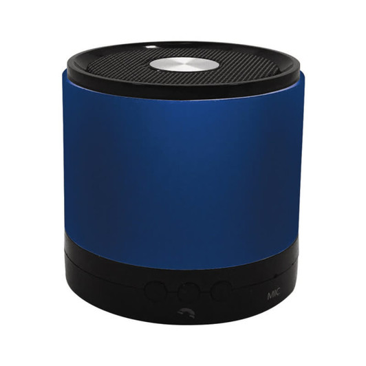 A blue Bluetooth speaker with a mesh top and control buttons at the base. Features a branding logo.
