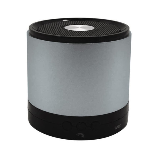 A silver Bluetooth speaker with a black base, featuring a mesh top and control buttons. It has a visible logo.