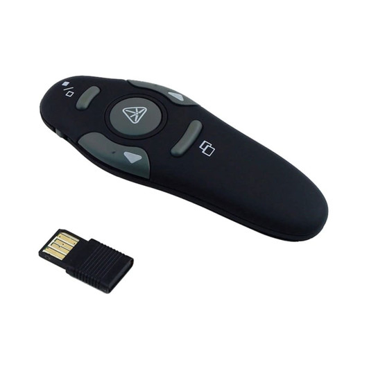 A black PowerPoint presenter remote with buttons and a USB receiver. Compact and ergonomic design.