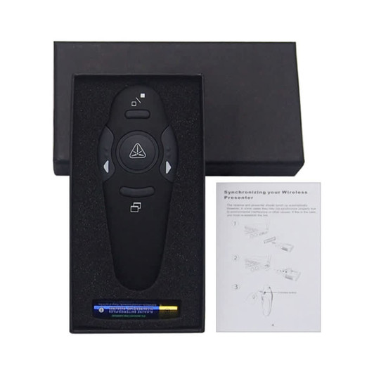 A black presentation remote is displayed in a box with an instruction manual beside it.