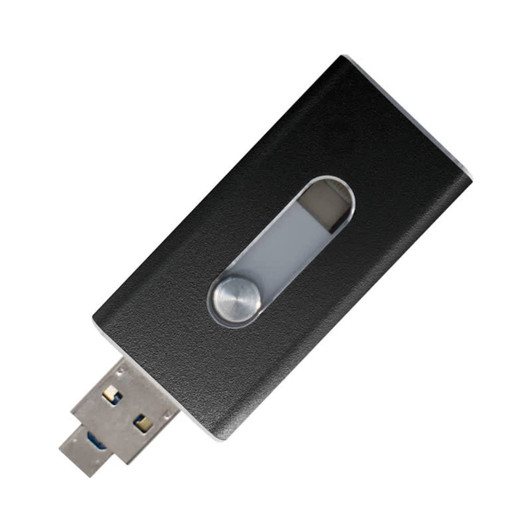 A black USB flash drive with a sliding cover and a circular button, featuring a logo on its surface.