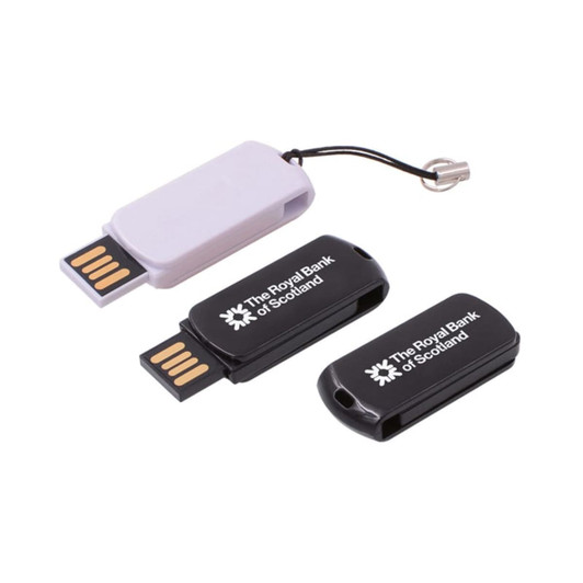 A collection of two flash drives, one black and one white, with a removable cap and a keychain attachment.