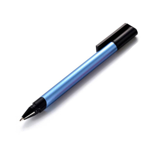 A metal pen with a light blue barrel and a black cap, featuring a branding logo.